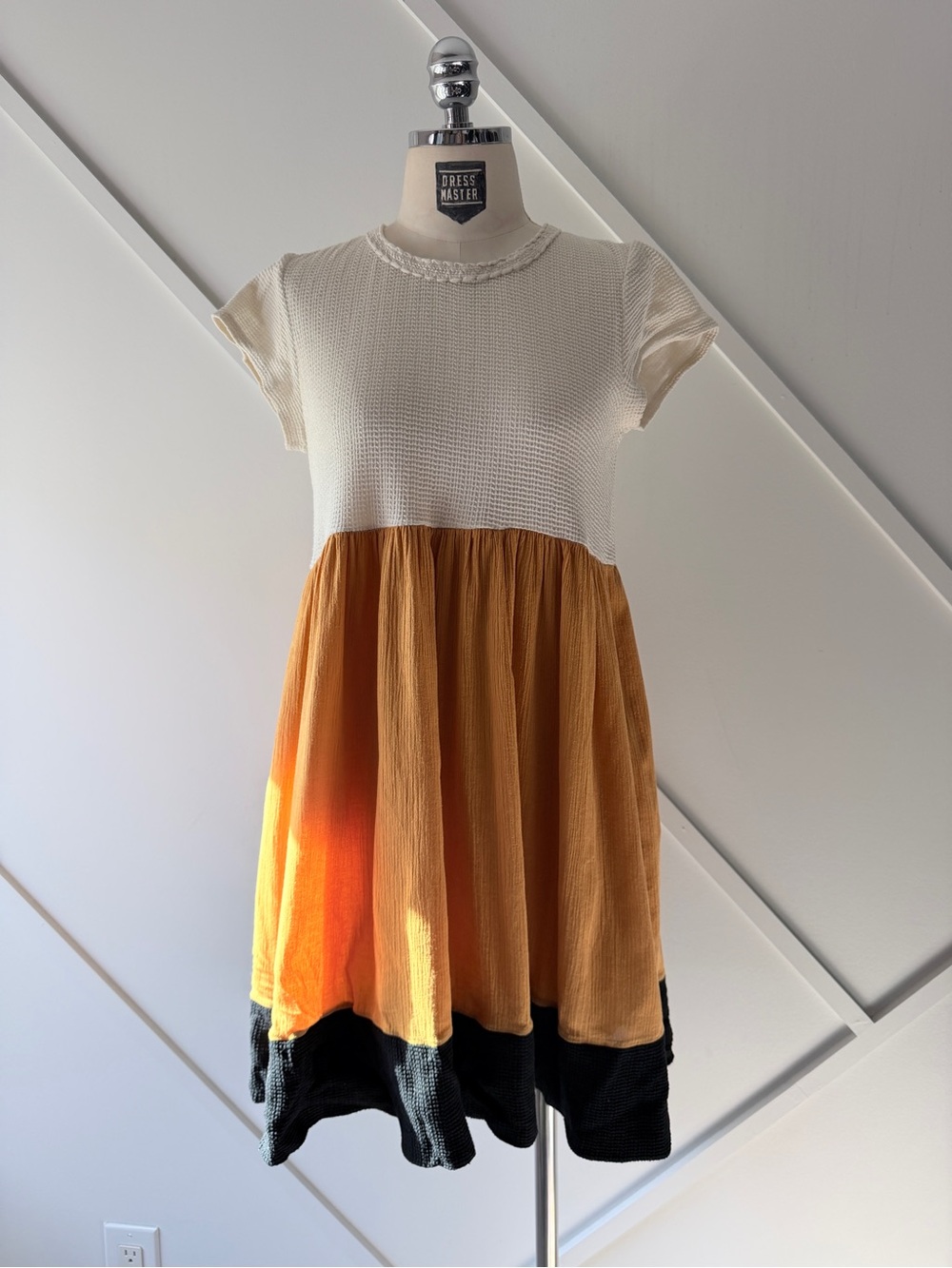 See by Chloé Cotton Color Block Babydoll Dress Size 2 Cream Mustard Black Luxury